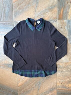 J. Crew Black Mixed Media Sweater Black Watch Plaid Collar Hem Size Large L